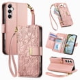 thumbnail image 1 of ELEHOLD Floral Embossed Leather Wallet Case for Samsung Galaxy S25 Ultra with Zipper Cash Slot, Card Holder Shockproof TPU Anti-Scratch Flip Stand Wallet Case Cover With Detachable Strap , Rosegold, 1 of 12