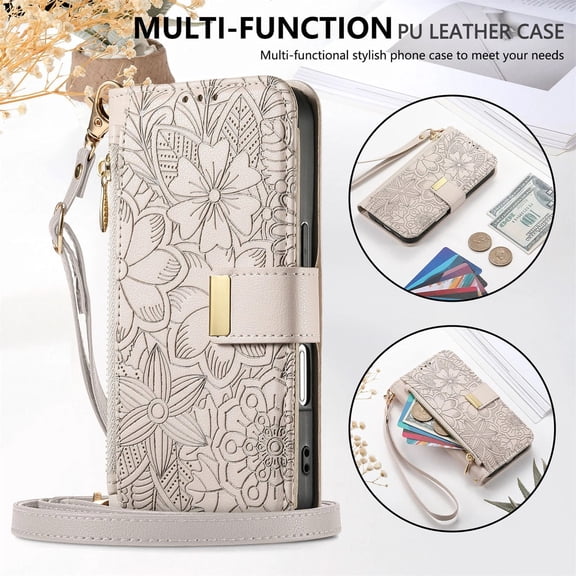 ELEHOLD Floral Embossed Leather Wallet Case for Samsung Galaxy S26 Edge with Zipper Cash Slot, Card Holder Shockproof TPU Anti-Scratch Flip Stand Cover With Detachable Strap ,Beige