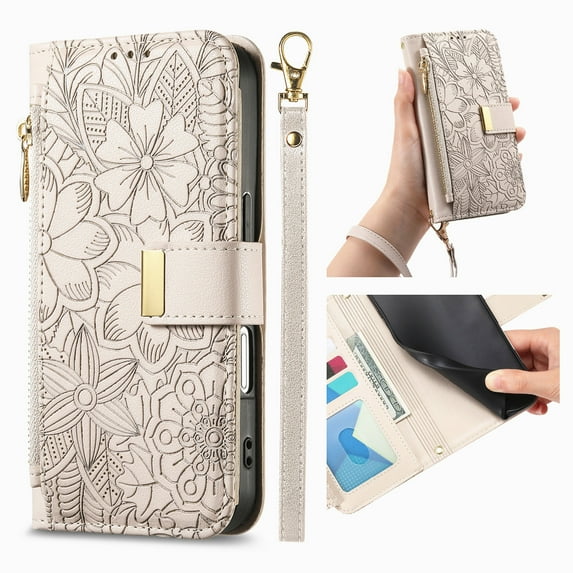 ELEHOLD Floral Embossed Leather Wallet Case for iPhone 12 Pro / 12 6.1" with Zipper Cash Slot, Card Holder Shockproof TPU Anti-Scratch Flip Stand Wallet Case Cover With Detachable Strap , Beige