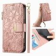 thumbnail image 1 of ELEHOLD Floral Embossed Leather Wallet Case for iPhone 12 Pro / 12 6.1" with Zipper Cash Slot, Card Holder Shockproof TPU Anti-Scratch Flip Stand Wallet Case Cover With Detachable Strap , Rosegold, 1 of 12
