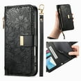thumbnail image 1 of ELEHOLD Floral Embossed Leather Wallet Case for iPhone 12 Pro / 12 6.1" with Zipper Cash Slot, Card Holder Shockproof TPU Anti-Scratch Flip Stand Wallet Case Cover With Detachable Strap , Black, 1 of 12