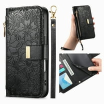 ELEHOLD Floral Embossed Leather Wallet Case for iPhone 12 Pro / 12 6.1" with Zipper Cash Slot, Card Holder Shockproof TPU Anti-Scratch Flip Stand Wallet Case Cover With Detachable Strap , Black