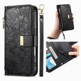 thumbnail image 1 of ELEHOLD Floral Embossed Leather Wallet Case for iPhone 13 Pro with Zipper Cash Slot, Card Holder Shockproof TPU Anti-Scratch Flip Stand Wallet Case Cover With Detachable Strap , Black, 1 of 12