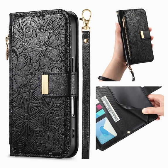 ELEHOLD Floral Embossed Leather Wallet Case for iPhone 13 Pro with Zipper Cash Slot, Card Holder Shockproof TPU Anti-Scratch Flip Stand Wallet Case Cover With Detachable Strap , Black