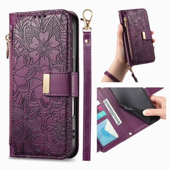 ELEHOLD Floral Embossed Leather Wallet Case for iPhone 15 Pro with Zipper Cash Slot, Card Holder Shockproof TPU Anti-Scratch Flip Stand Wallet Case Cover With Detachable Strap , Purple