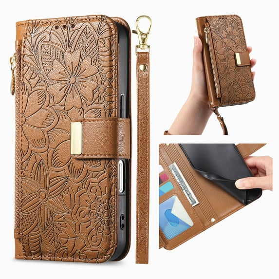 ELEHOLD Floral Embossed Leather Wallet Case for iPhone 16 Pro Max with Zipper Cash Slot, Card Holder Shockproof TPU Anti-Scratch Flip Stand Wallet Case Cover With Detachable Strap , Brown