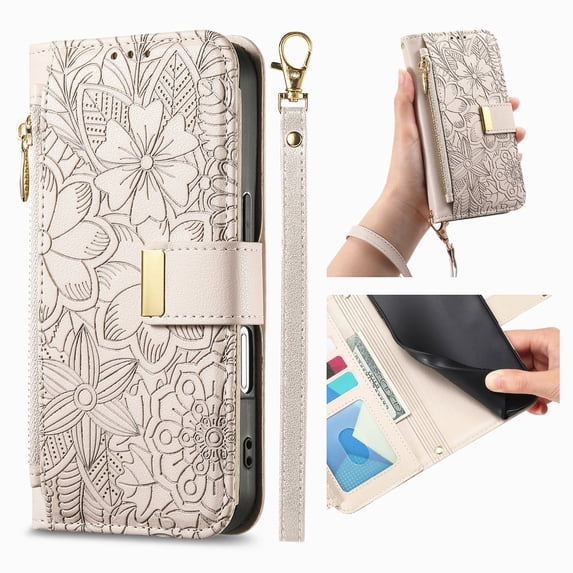 ELEHOLD Floral Embossed Leather Wallet Case for iPhone 16 with Zipper Cash Slot, Card Holder Shockproof TPU Anti-Scratch Flip Stand Wallet Case Cover With Detachable Strap , Beige