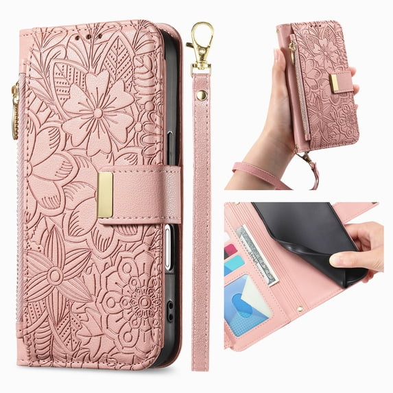 ELEHOLD Floral Embossed Leather Wallet Case for iPhone 16 with Zipper Cash Slot, Card Holder Shockproof TPU Anti-Scratch Flip Stand Wallet Case Cover With Detachable Strap , Rosegold