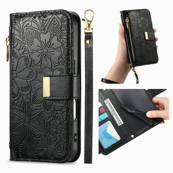 ELEHOLD Floral Embossed Leather Wallet Case for iPhone 16e with Zipper Cash Slot, Card Holder Shockproof TPU Anti-Scratch Flip Stand Wallet Case Cover With Detachable Strap , Black