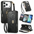 thumbnail image 1 of ELEHOLD Floral Embossed Leather Wallet Case for iPhone 17 Pro Max with Zipper Cash Slot, Card Holder Shockproof TPU Anti-Scratch Flip Stand Wallet Case Cover With Detachable Strap , Black, 1 of 12