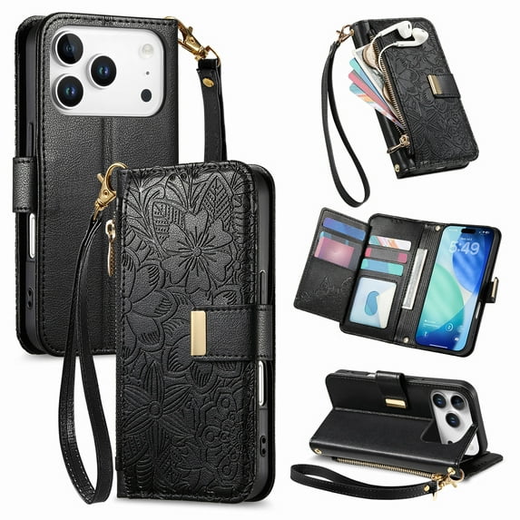 ELEHOLD Floral Embossed Leather Wallet Case for iPhone 17 Pro Max with Zipper Cash Slot, Card Holder Shockproof TPU Anti-Scratch Flip Stand Wallet Case Cover With Detachable Strap , Black