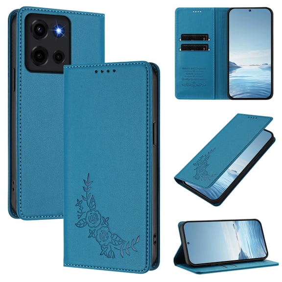 ELEHOLD Floral Embossed Wallet Case for Motorola Moto G (2026), RFID Blocking Shockproof Leather Flip Cover with Stand,Blue