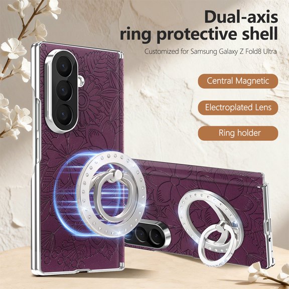 ELEHOLD Floral Leather Texture Case for Samsung Galaxy Z Fold8 Ultra, Shockproof Rigid Plastic Magnetic Hinge Protective Cover with Ring Stand, Purple