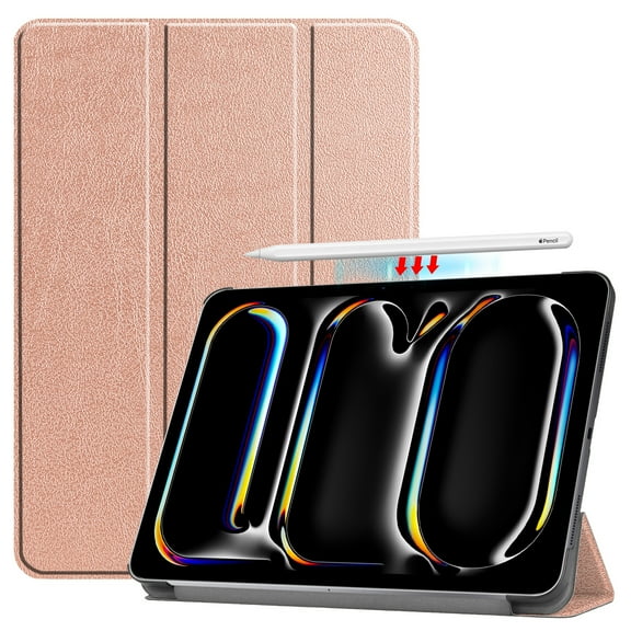 ELEHOLD Folding Case For iPad Pro 11-inch (M5) 2025, PU Leather Case Stylish Pattern Kickstand Magnetic Auto Wake/Sleep Folio Slim Shockproof Case Cover,Rosegold