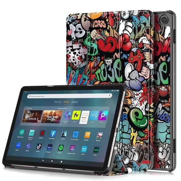 ELEHOLD Folding Rugged Case for Amazon Fire Max 11 Tablet (13th Generation, 2023 Release) PU Leather Case Trifold Kickstand Magnetic Auto Wake/Sleep Folio Slim Shockproof Case, Graffiti