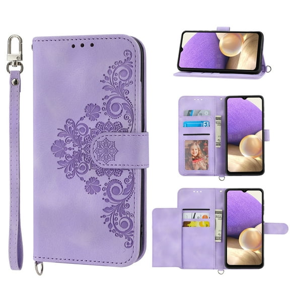 ELEHOLD Folio Case for Samsung Galaxy A13 5G Wallet Phone Case with Lanyard Shoulder Strap, Embossed Premium PU Leather Card Holder Flip Stand Shell Magnetic Closure Phone Cover,Purple