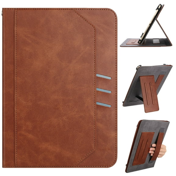 ELEHOLD Folio Folding Leather Case For Galaxy Tab S10 FE+ 2025, Slim Stand Protective Cover Vacuum Suction Cup Design with Cash & Card Slot & Wrist Band, Auto Wake/Sleep, Brown