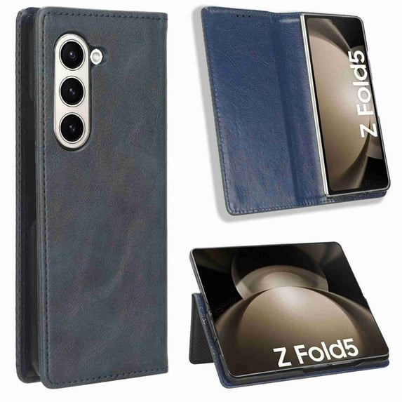 ELEHOLD Folio Leather Case for Samsung Galaxy Z Fold 5 5G 2023, Soft Premium Leather Cover Kickstand Function Anti-Scratch Protective Case for Samsung Galaxy Z Fold 5,Darkblue