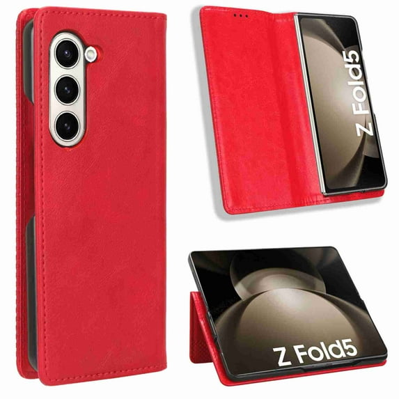 ELEHOLD Folio Leather Case for Samsung Galaxy Z Fold 5 5G 2023, Soft Premium Leather Cover Kickstand Function Anti-Scratch Protective Case for Samsung Galaxy Z Fold 5,Red