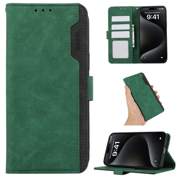 ELEHOLD Folio Wallet for iPhone 14 Plus Case,Synthetic PU Leather Built-in Credit Card Slots RFID Blocking Flip Kickstand Function Full Protection Shockproof Case for iPhone 14 Plus, Green