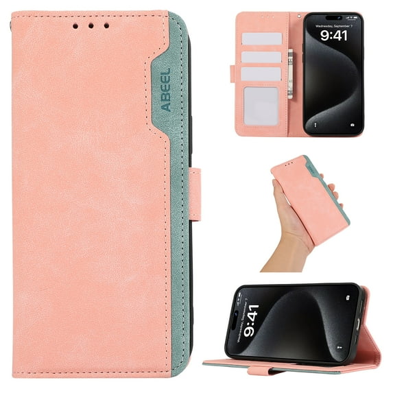 ELEHOLD Folio Wallet for iPhone 14 Pro Max Case,Synthetic PU Leather Built-in Credit Card Slots RFID Blocking Flip Kickstand Function Full Protection Shockproof Case for iPhone 14 Pro Max, Pink