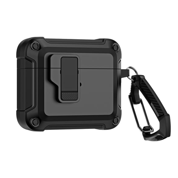 ELEHOLD For Airpods 4th Gen Armor Case Heavy Duty Shockproof Cover, Full Body Protection, with Button Lock & Carabiner, Compatible with Wireless Charging - Black