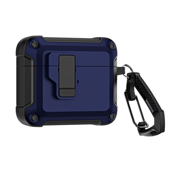 ELEHOLD For Airpods 4th Gen Armor Case Heavy Duty Shockproof Cover, Full Body Protection, with Button Lock & Carabiner, Compatible with Wireless Charging - Darkblue