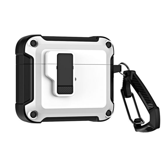 ELEHOLD For Airpods 4th Gen Armor Case Heavy Duty Shockproof Cover, Full Body Protection, with Button Lock & Carabiner, Compatible with Wireless Charging - White