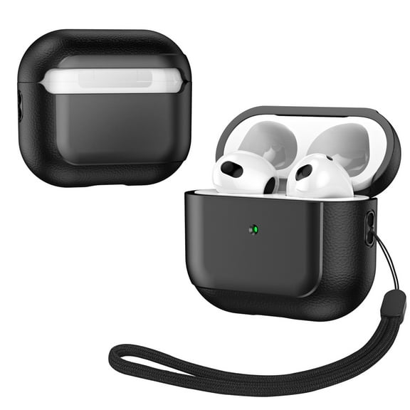 ELEHOLD For Airpods 4th Gen Case, Premium PU Leather Slim Fit Supports Wireless Charging Front LED Visible Shockproof Protective Case Cover with Lanyard,Black