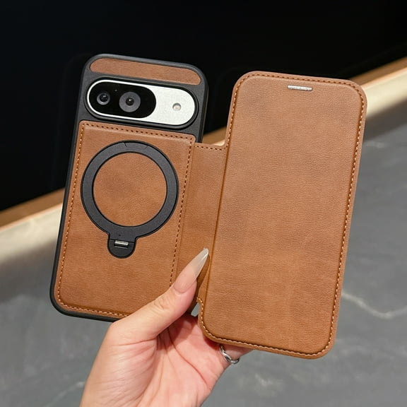 ELEHOLD For Google Pixel 10 Pro XL Flip Protective Case Cover with Kickstand Magnetic Closure Shock-Absorbent PU Leather Wallet Card Slot Cover,Brown