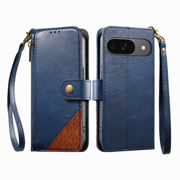 ELEHOLD For Google Pixel 10 Pro XL Wallet Case,Business Leather Shockproof PU Leather Flip Zipper Card Pocket Phone Case with Strap,Blue