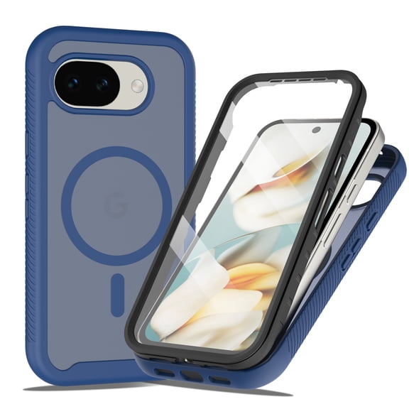 ELEHOLD For Google Pixel 10A Magnetic Case,Built-in Screen Protector Dual-Layer Shockproof Frosted Full Body Non-Slip Cover  , Blue