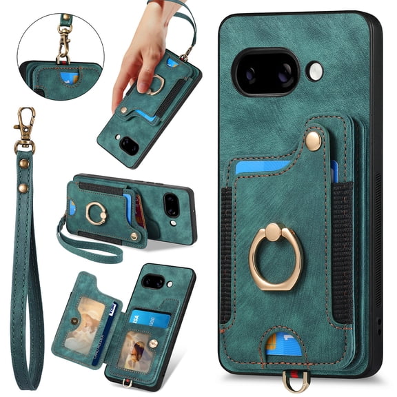 ELEHOLD For Google Pixel 10A Wallet Phone Case, Card Slot Ring Holder Flip Kickstand Shockproof Wallet Cover+Wrist Strap,Green