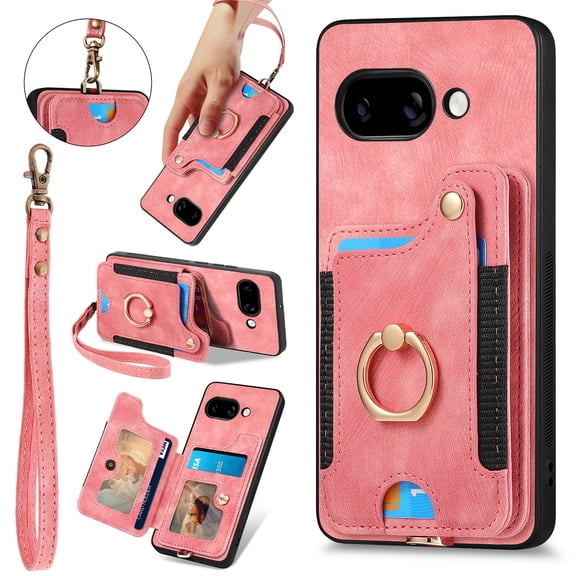 ELEHOLD For Google Pixel 10A Wallet Phone Case, Card Slot Ring Holder Flip Kickstand Shockproof Wallet Cover+Wrist Strap,Pink