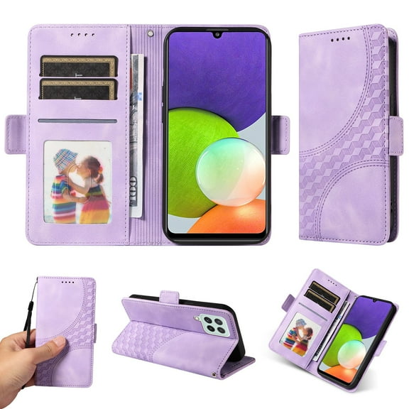 ELEHOLD For Samsung Galaxy A12 Leather Wallet Phone Case, Embossed Diamond Folio Flip Cover, Card Holder Cash Slot, Stand Support, Wrist Strap Lanyard -Purple