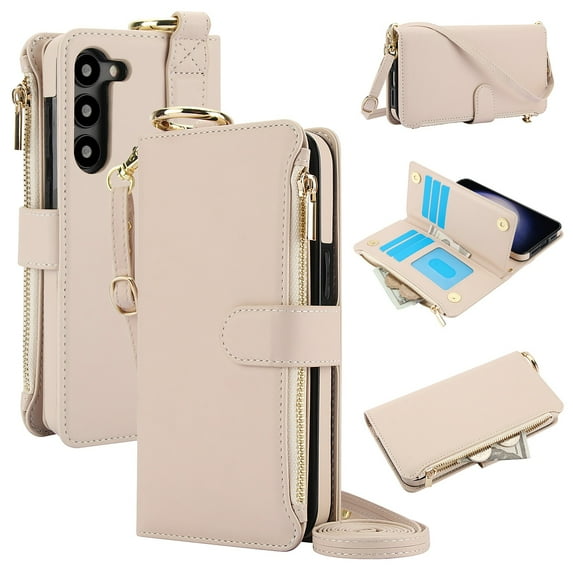 ELEHOLD For Samsung Galaxy A14 5G Phone Case Leather Crossbody Zipper Card Wallet Flip Case Kickstand Cover, with Ring Holder,Full Body Protection-White