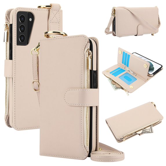 ELEHOLD For Samsung Galaxy S21 Phone Case Leather Crossbody Zipper Card Wallet Flip Case Kickstand Cover, with Ring Holder,Full Body Protection-White