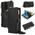 thumbnail image 1 of ELEHOLD For Samsung Galaxy S22 Phone Case Leather Crossbody Zipper Card Wallet Flip Case Kickstand Cover, with Ring Holder,Full Body Protection-Black, 1 of 7