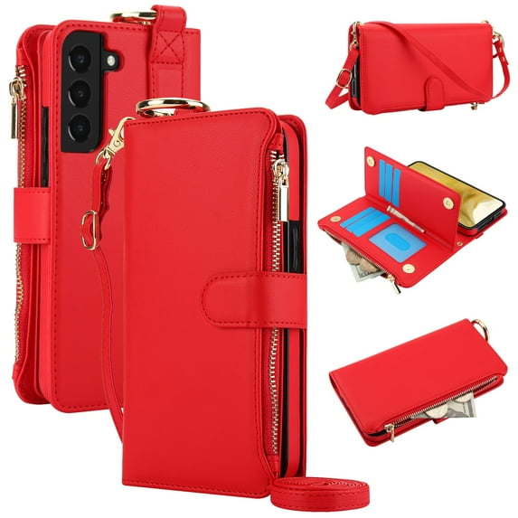 ELEHOLD For Samsung Galaxy S22 Phone Case Leather Crossbody Zipper Card Wallet Flip Case Kickstand Cover, with Ring Holder,Full Body Protection-Red