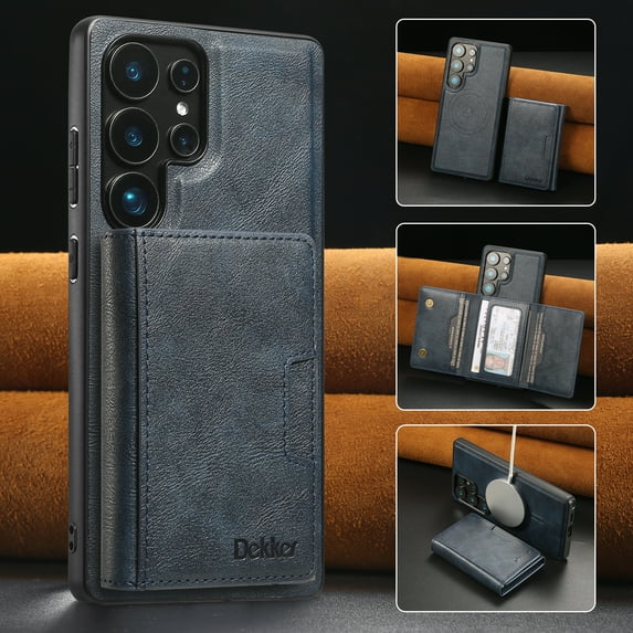 ELEHOLD For Samsung Galaxy S23 Ultra PU Leather Magnetic Shockproof Case, MagSafe Compatible, with Magnetic Detachable Credit Card Wallet, Kickstand Function, Blue