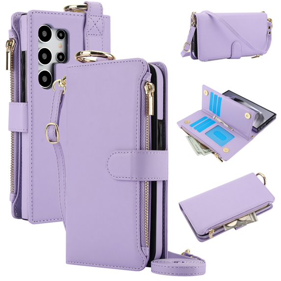 ELEHOLD For Samsung Galaxy S23 Ultra Phone Case Leather Crossbody Zipper Card Wallet Flip Case Kickstand Cover, with Ring Holder,Full Body Protection-Violet
