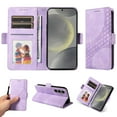 thumbnail image 1 of ELEHOLD For Samsung Galaxy S24 FE Leather Wallet Phone Case, Embossed Diamond Folio Flip Cover, Card Holder Cash Slot, Stand Support, Wrist Strap Lanyard -Purple, 1 of 10