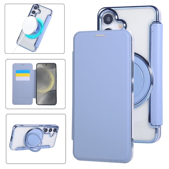 ELEHOLD For Samsung Galaxy S25 FE Flip Magnetic Wallet Case, Shockproof Full Body 360° Ring Kickstand Card Slot RFID Protection Wallet Cover,Blue