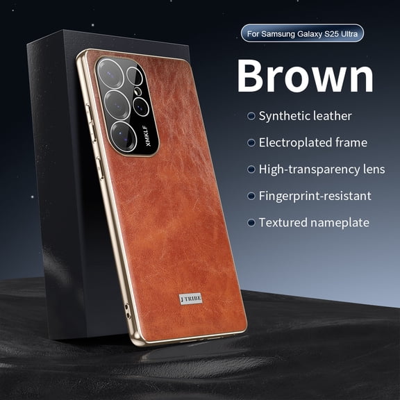 ELEHOLD For Samsung Galaxy S25 Ultra Leather Case,Luxury Plating Edge Shockproof Slim Premium Leather Phone Cover Built-in Lens Protector,Brown