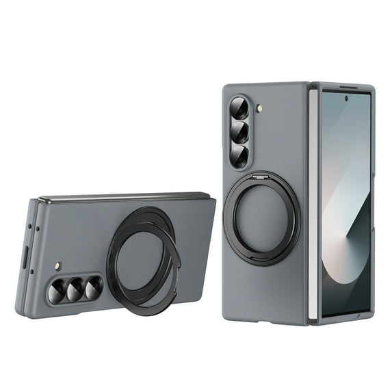 ELEHOLD For Samsung Galaxy Z Fold 3 Magnetic Ring Kickstand Shockproof Case Hinge Protection Cover, Built-in Screen Protector, 360° Rotable Stand, Adjustable Angle, Skin-Friendly Touch, Gray