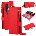 thumbnail image 1 of ELEHOLD For Samsung Galaxy Z Fold 3 Phone Case Leather Crossbody Zipper Card Wallet Flip Case Kickstand Cover, with Ring Holder,Full Body Protection-Red, 1 of 7