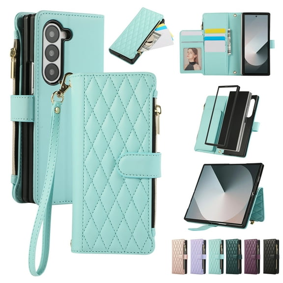 ELEHOLD For Samsung Galaxy Z Fold 6 Wallet Case, Card Slots Zipper Purse Luxury PU Leather Kickstand Full Body Shockproof Phone Cover with Shoulder/Wrist Strap for Samsung Galaxy Z Fold 6,Skyblue