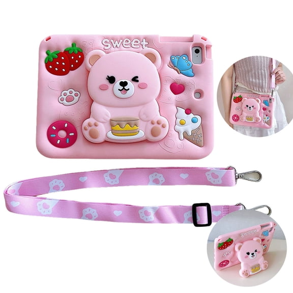 ELEHOLD For iPad 11th(A16) 2025/10th Gen 2025 Kids Case , Cute 3D Bear Design Stand Unique Silicone Case Cover With Strap, Bear
