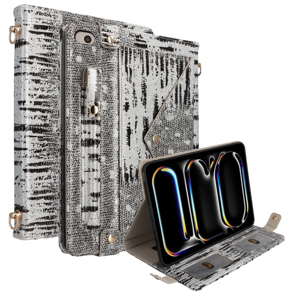 ELEHOLD For iPad mini 5/4/3/2/1 Case, Luxury Premium Leather Pen Card slots Crossbody Flap Envelope Case with Hand strap+Shoulder Strap ,Silver