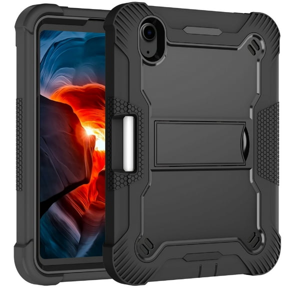 ELEHOLD for For iPad mini 7 (A17 Pro)2024/6th Rugged Case, Heavy Duty Shockproof 3-Layer Multi-Functional Hard Plastic＋PC Inner＋Soft Silicone Frame Case with Built-in Kicsktand Pen Holder,Black